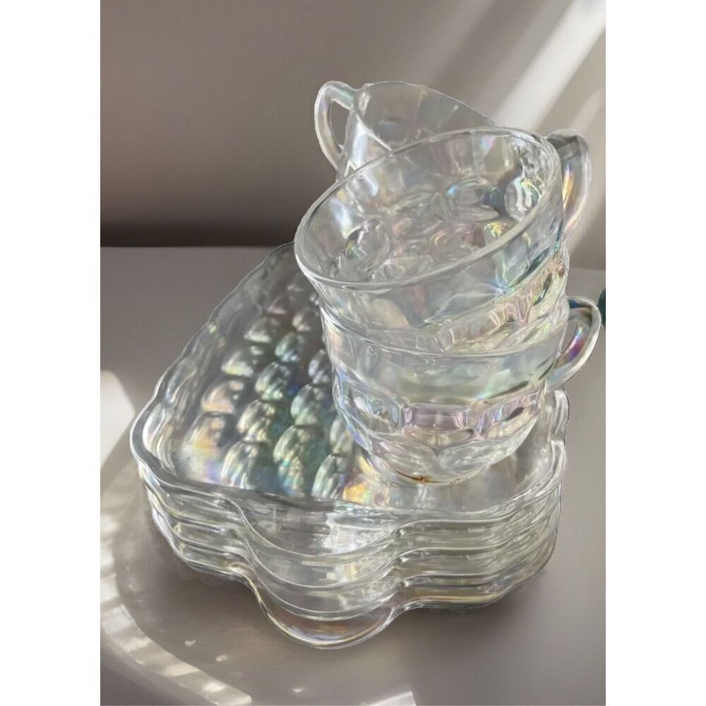 Vintage Federal Carnival Glass Snack Set 4‎ Cups & 4 Trays Iridescent Color